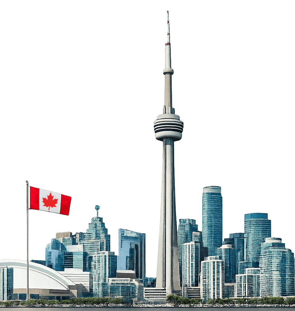 Toronto skyline at dusk featuring the CN Tower